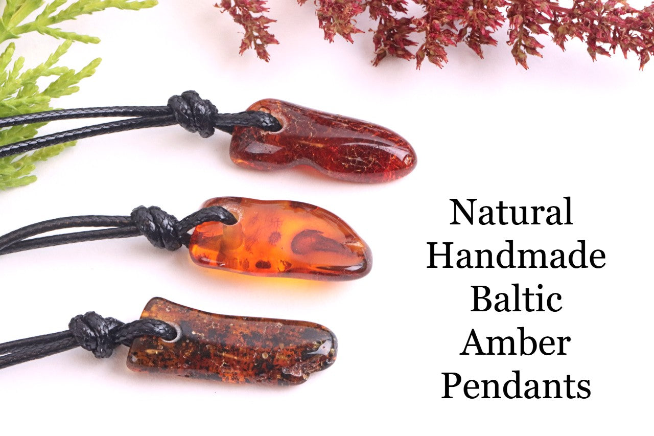 Set of 3 Small Amber Amulets – Natural Handmade Pendants