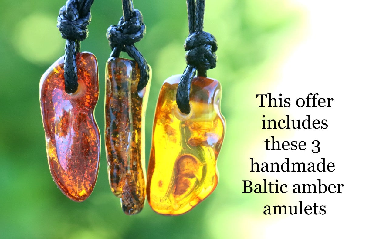 Set of 3 Small Amber Amulets – Natural Handmade Pendants