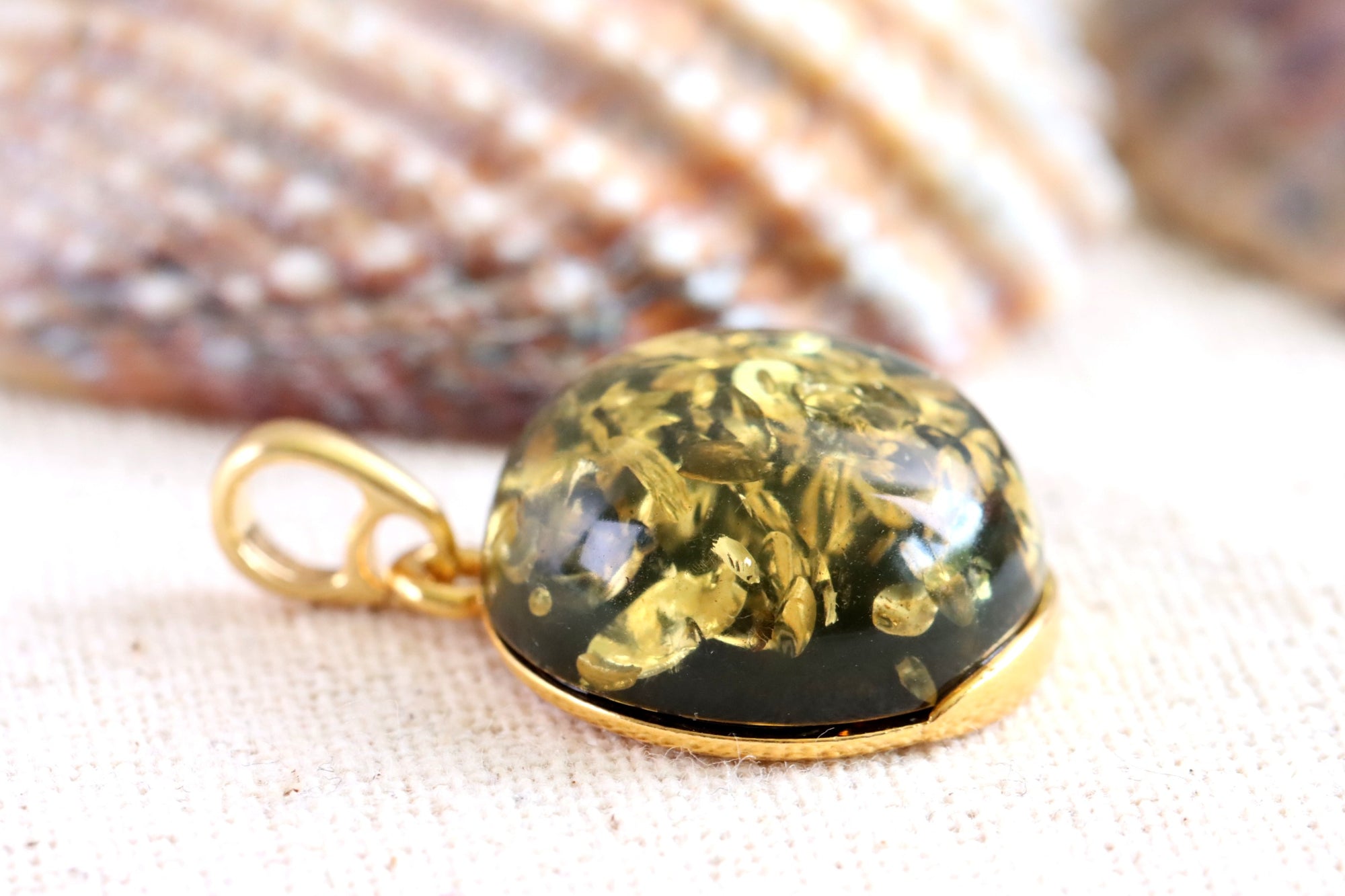 New ! Green Amber Drop Pendant on 925 Gold Plated Silver