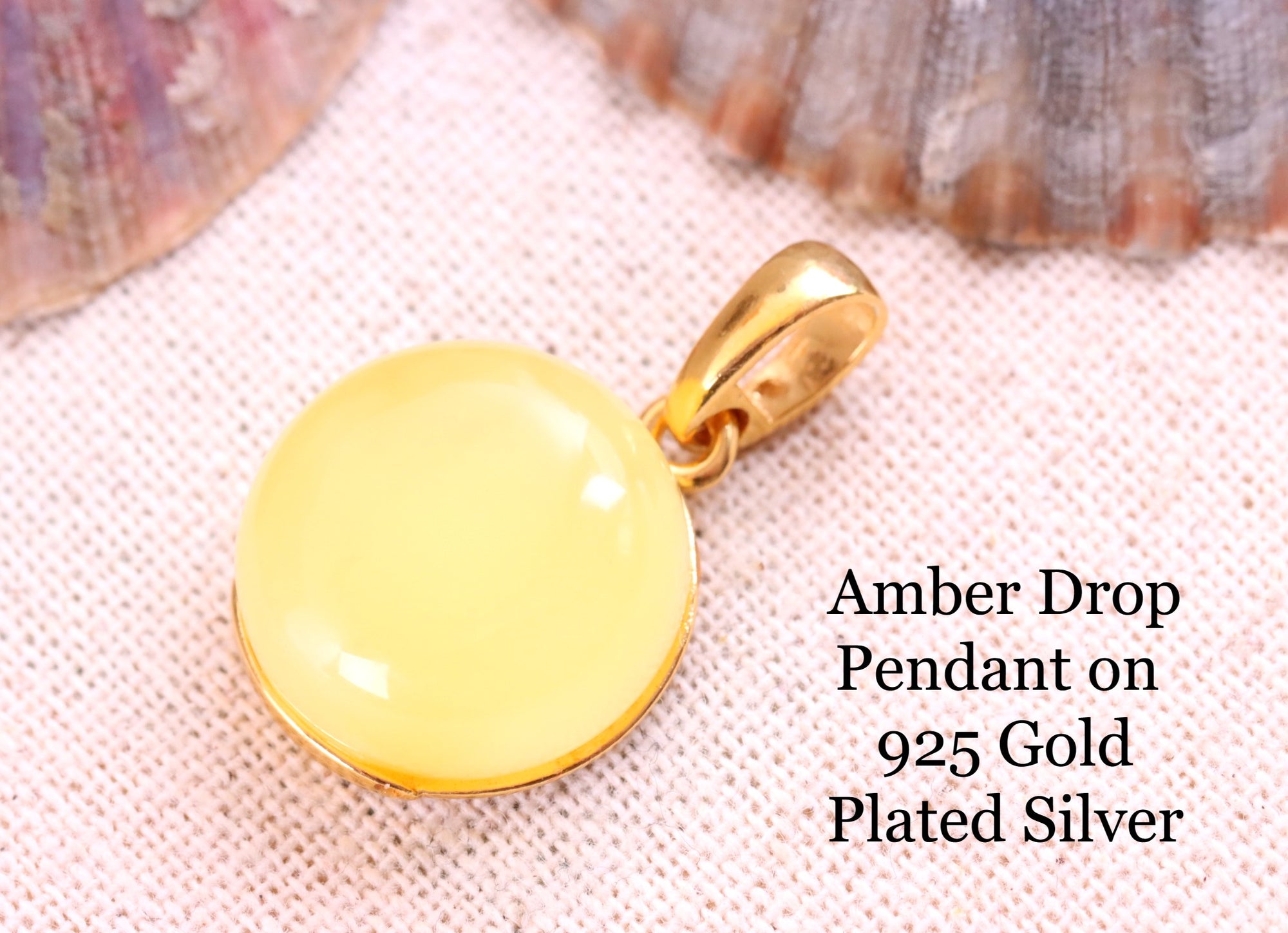 New ! White Amber Drop Pendant on 925 Gold Plated Silver
