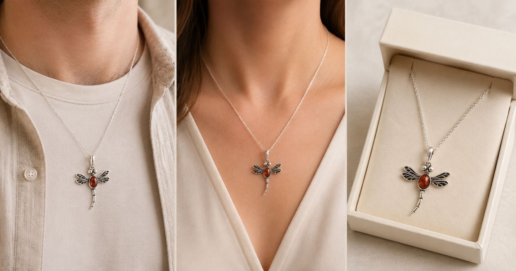 Sterling Silver Dragonfly Pendant with Baltic Amber Gem