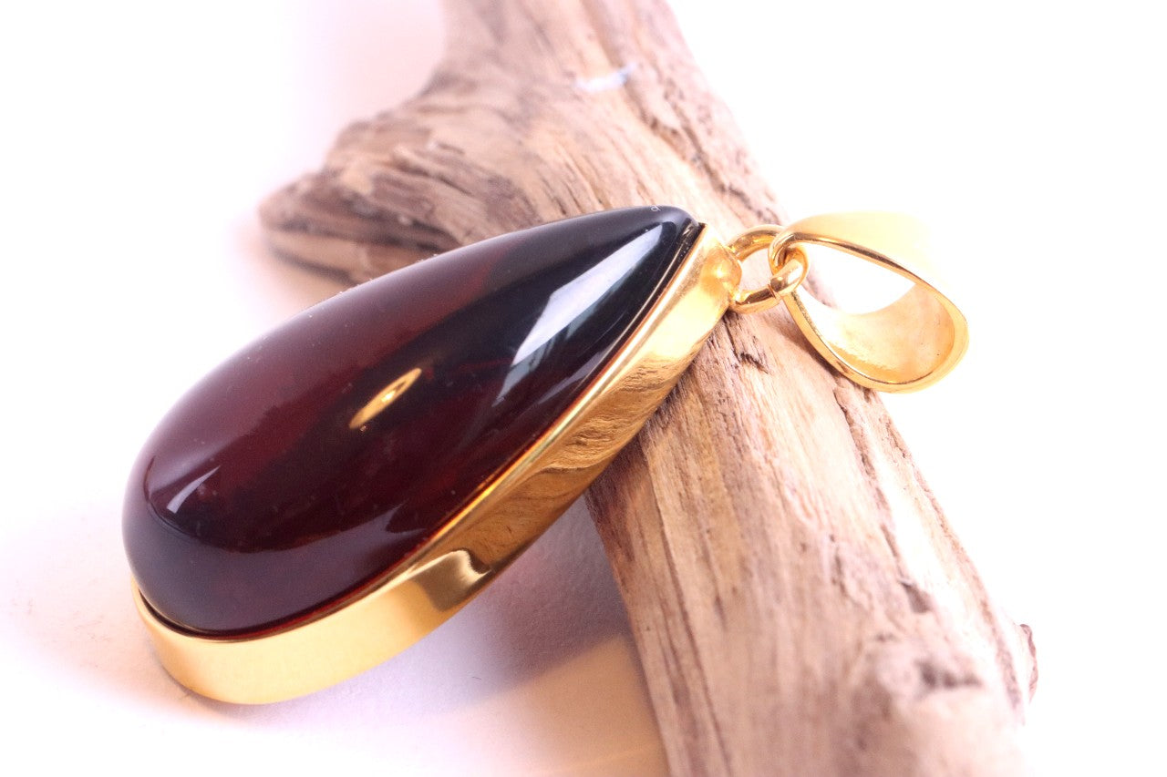 Exclusive One Of A Kind Amber Drop Pendant on 925 Gold Plated Silver