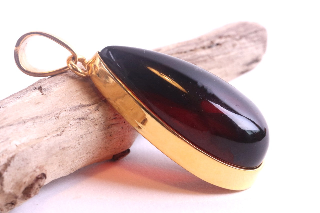 Exclusive One Of A Kind Amber Drop Pendant on 925 Gold Plated Silver