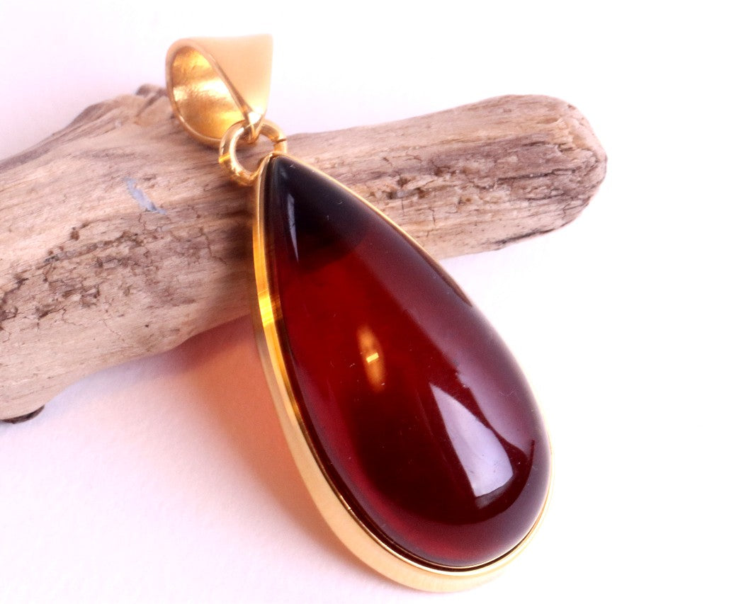 Exclusive One Of A Kind Amber Drop Pendant on 925 Gold Plated Silver