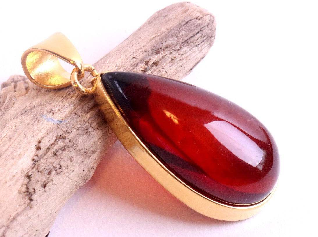 Exclusive One Of A Kind Amber Drop Pendant on 925 Gold Plated Silver