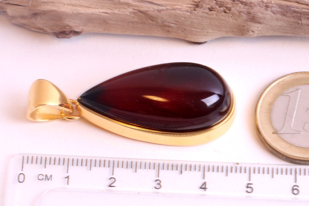 Exclusive One Of A Kind Amber Drop Pendant on 925 Gold Plated Silver