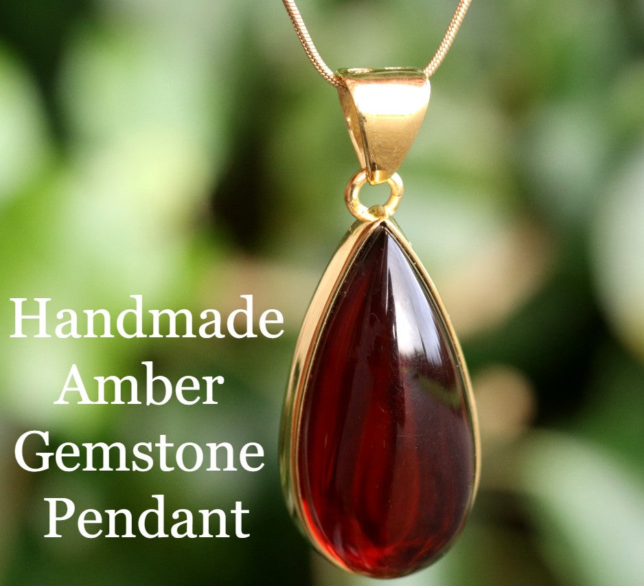 Exclusive One Of A Kind Amber Drop Pendant on 925 Gold Plated Silver