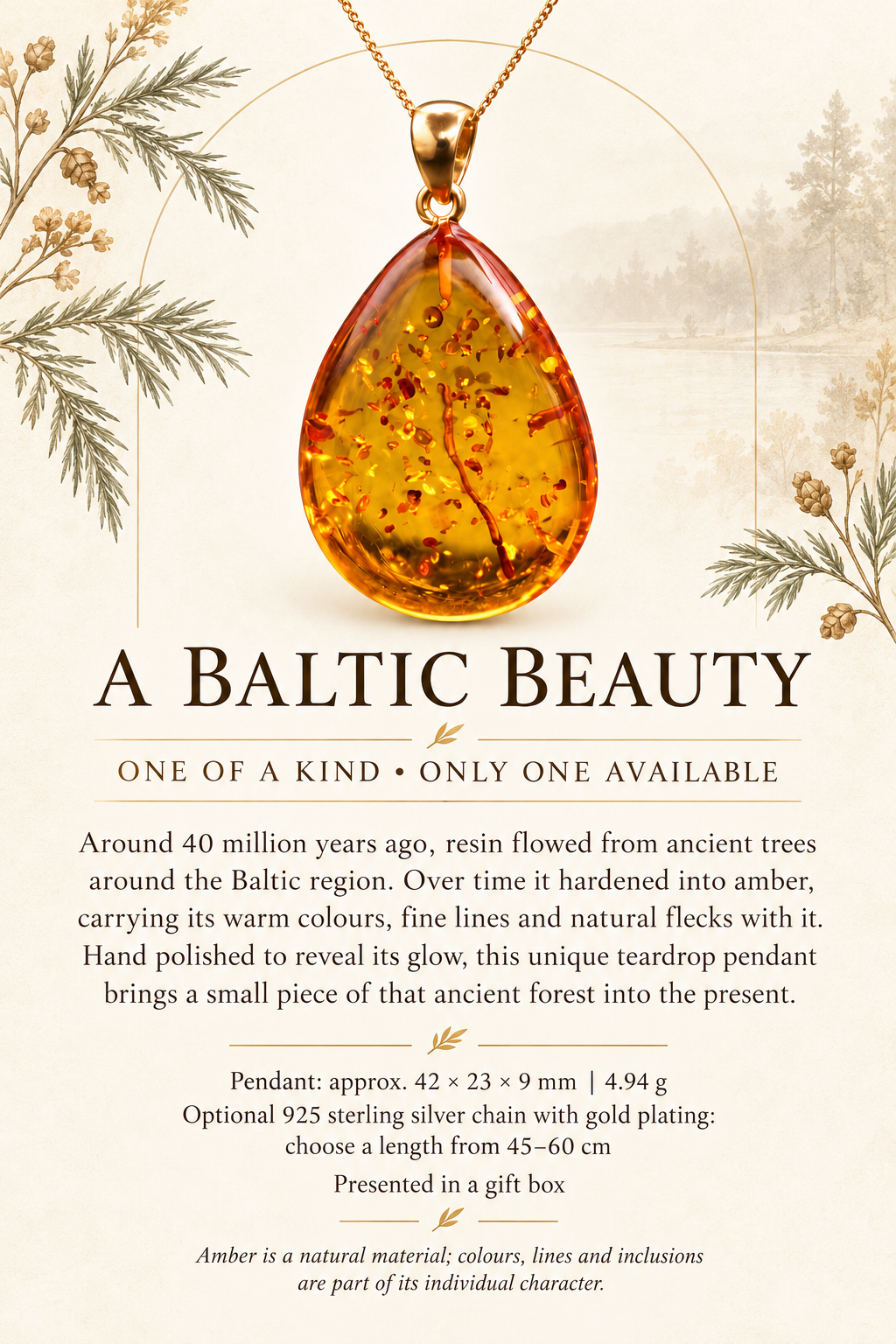 Classic Large Tear Drop Baltic Amber Pendant on Gold Plated Sterling Silver