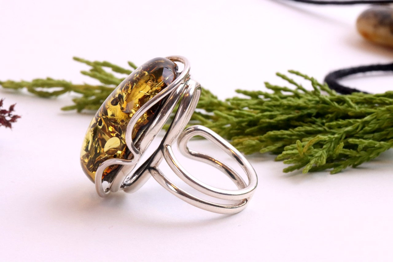 Large Green Baltic Amber Ring