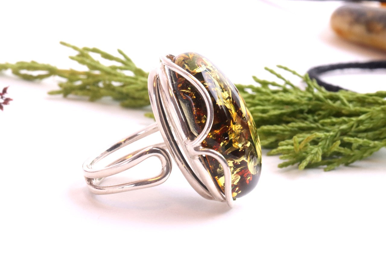 Large Green Baltic Amber Ring