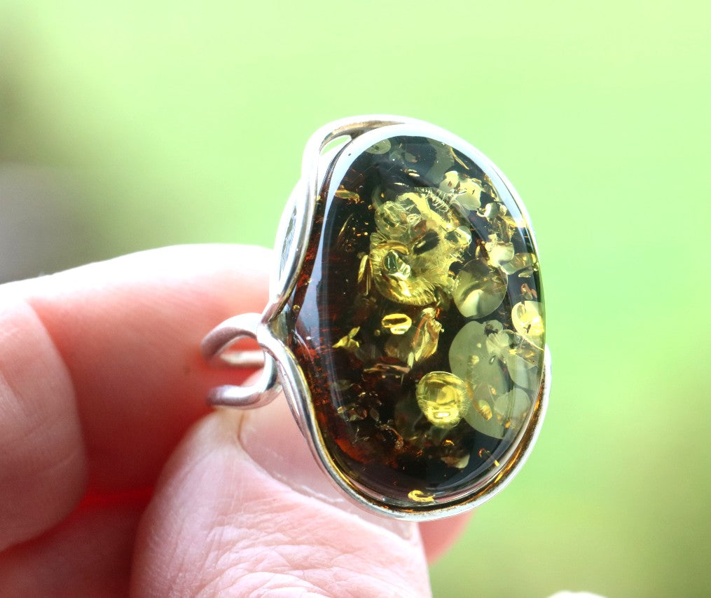 Large Green Baltic Amber Ring