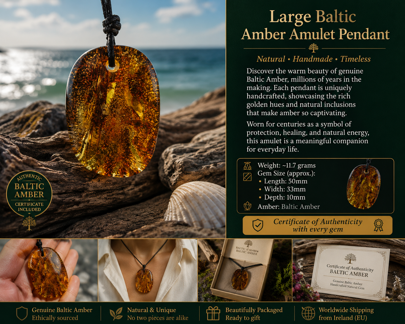 Large Baltic Amber Amulet Pendant • Natural Handmade Amber Necklace