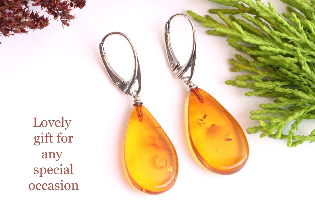 Natural Amber Teardrop Earrings