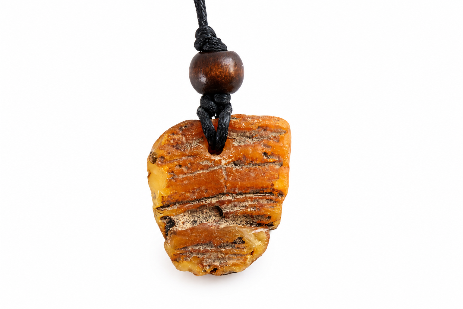 Natural Raw Baltic Amber Amulet Pendant with Wooden Bead