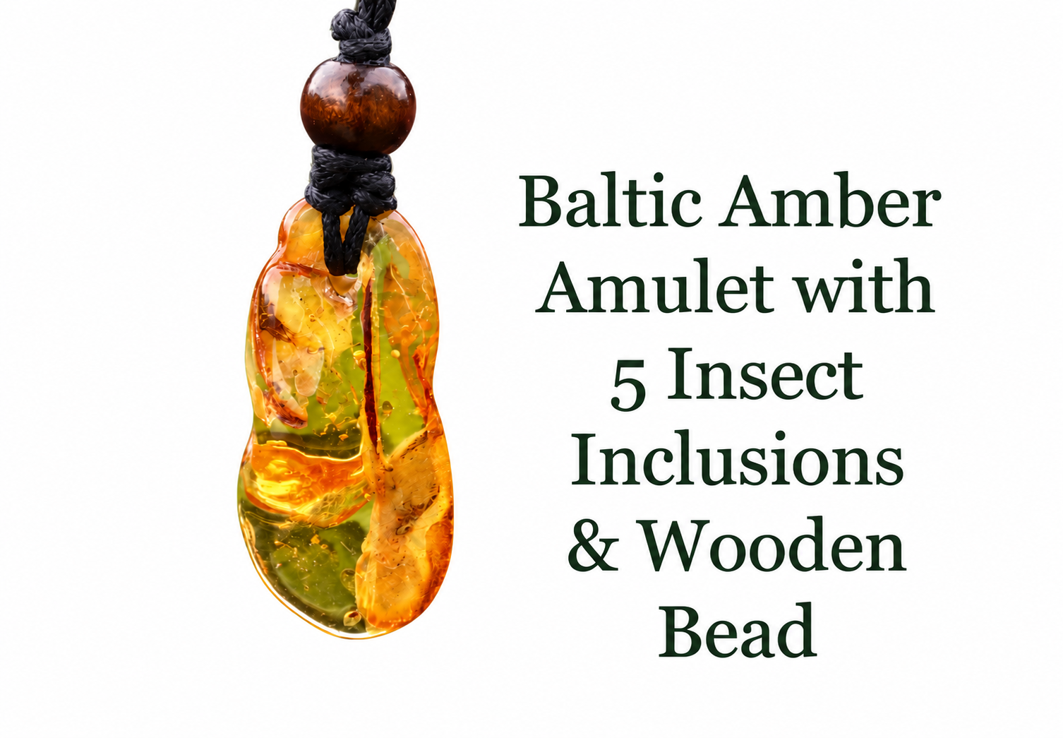 Baltic Amber Amulet with 5 Insect Inclusions & Wooden Bead