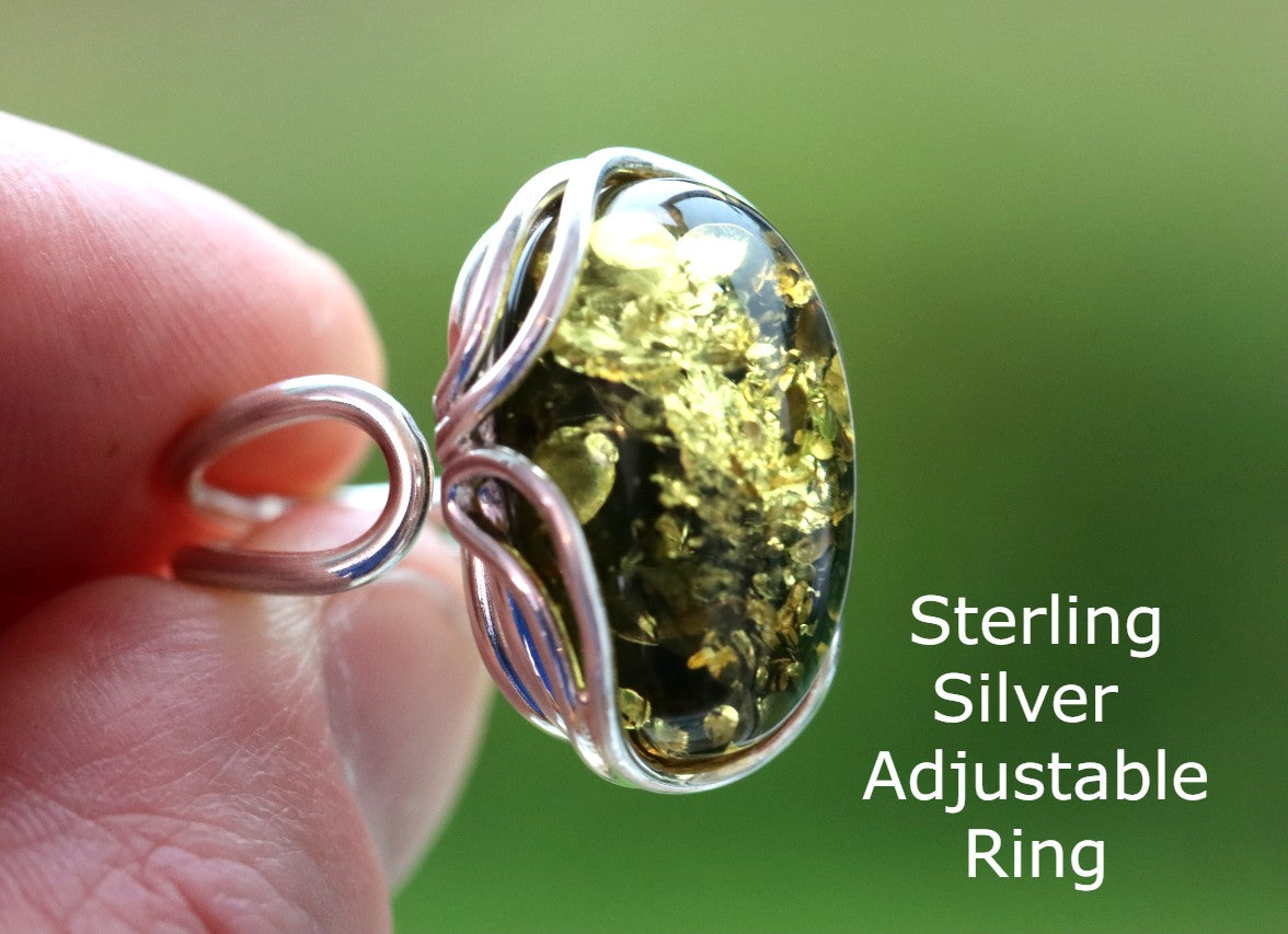 Green Amber and Silver Ring