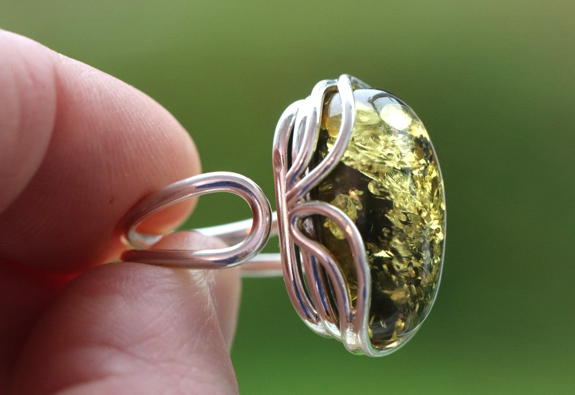 Green Amber and Silver Ring