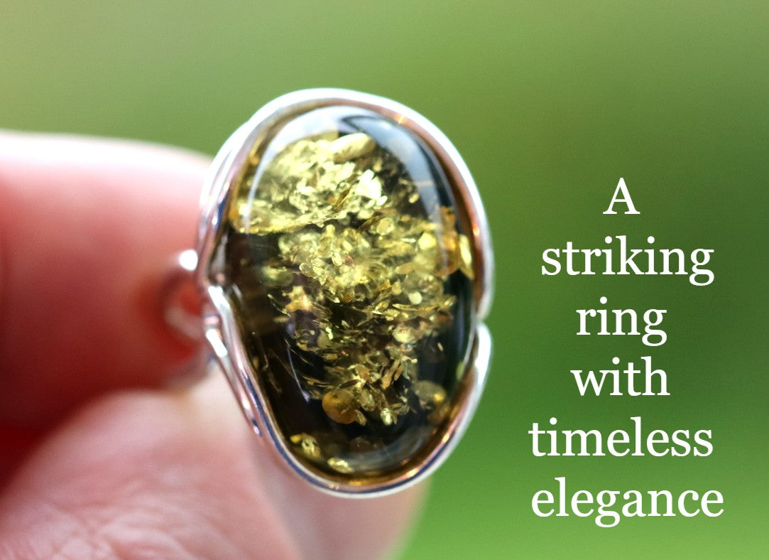 Green Amber and Silver Ring