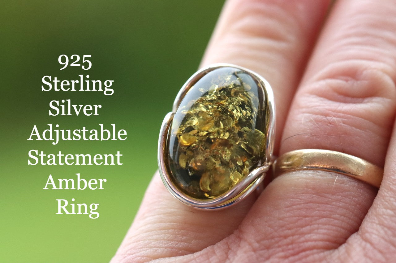 Green Amber and Silver Ring