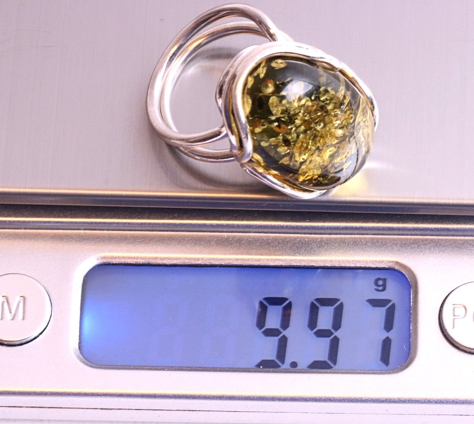 Green Amber and Silver Ring