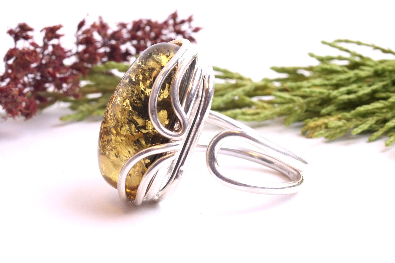 Green Amber and Silver Ring