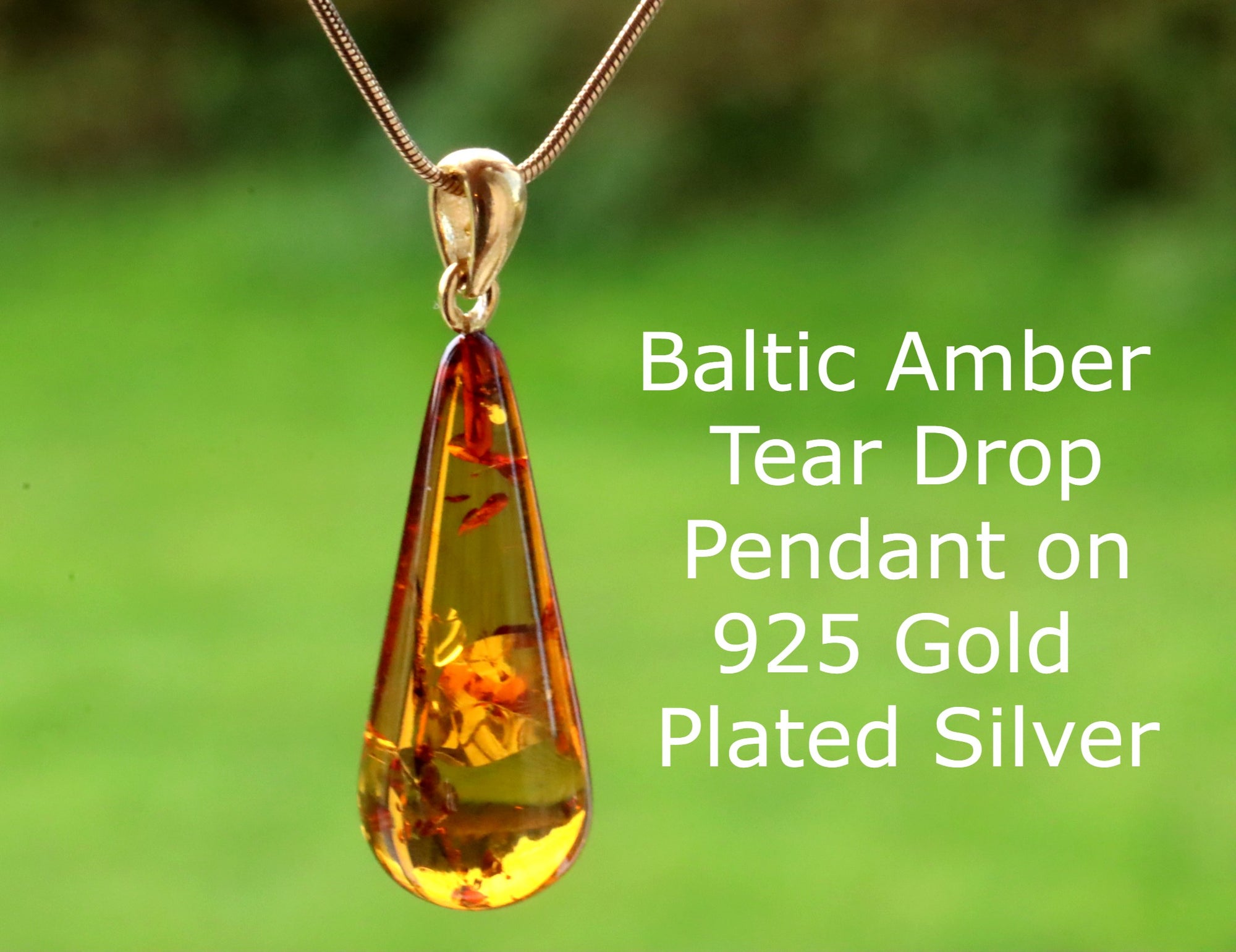 Amber Tear Drop Pendant on 925 Gold Plated Silver