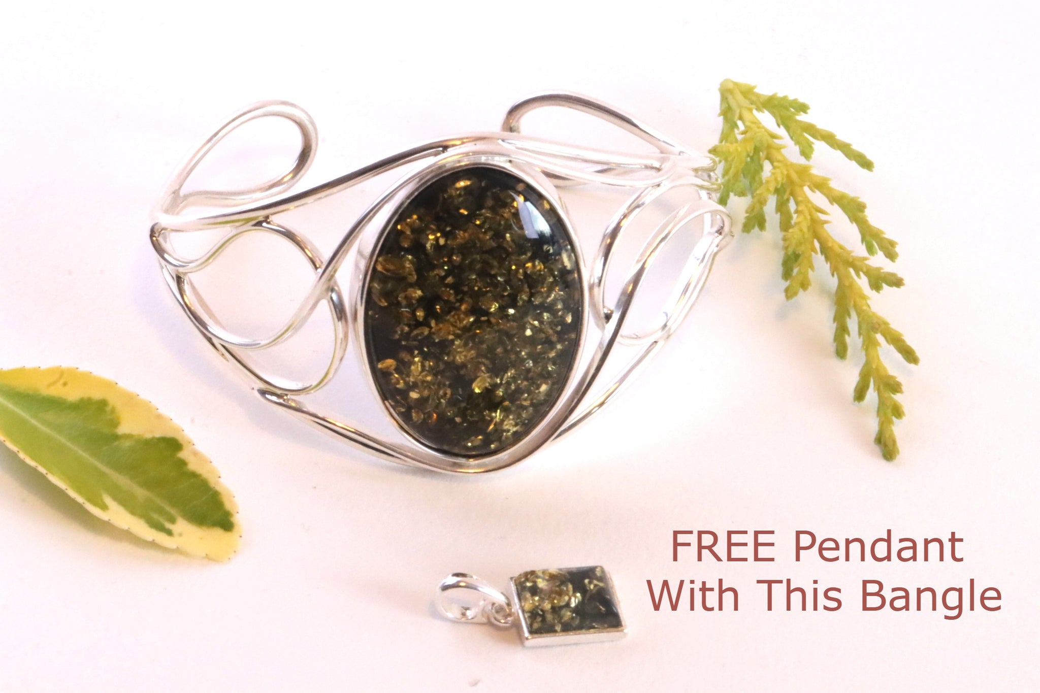 Green Baltic Amber Bangle With FREE Pendant on 925 Sterling Silver