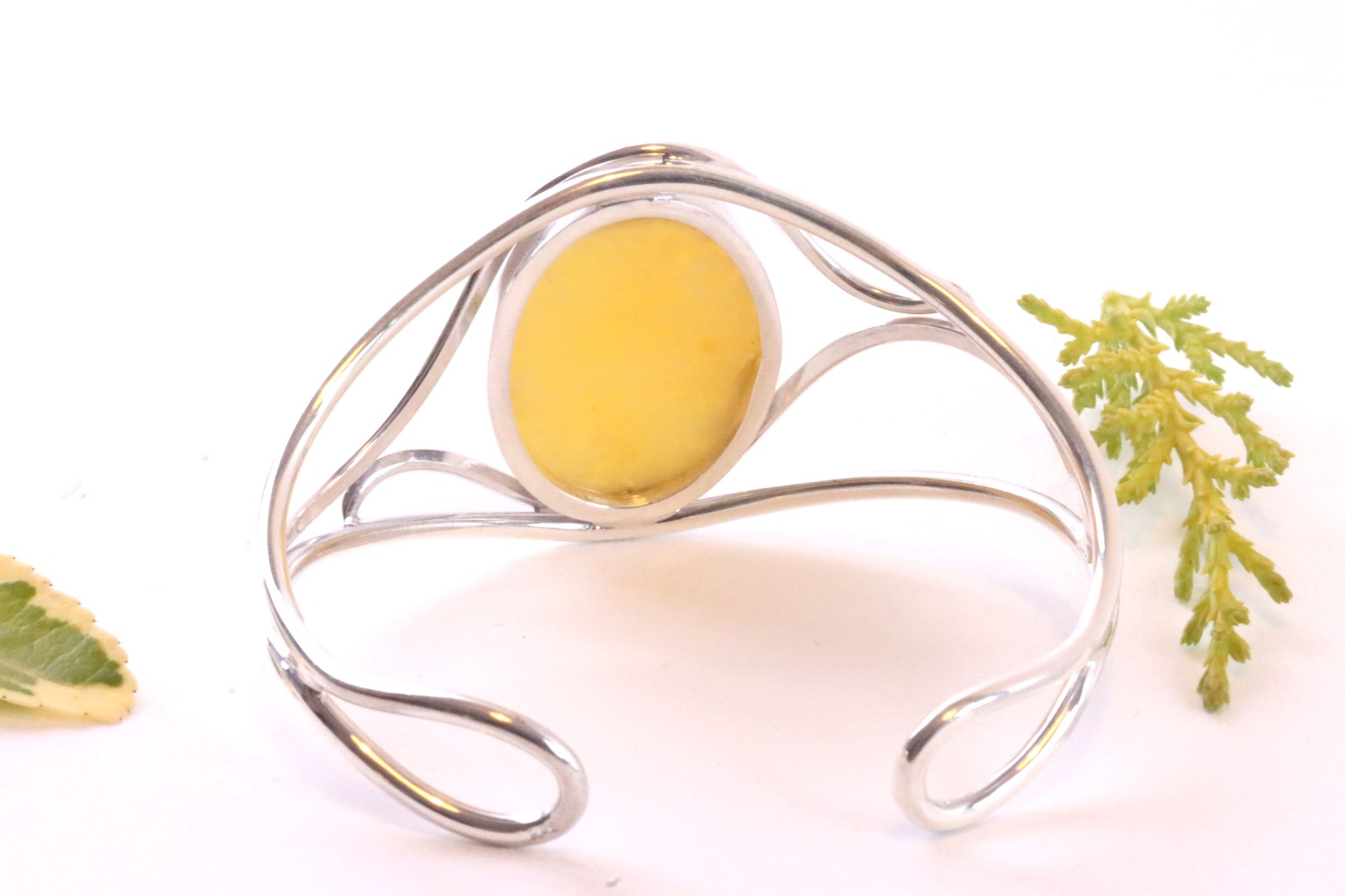 White Baltic Amber Gemstone Adjustable Bangle on 925 Sterling Silver With FREE Pendant