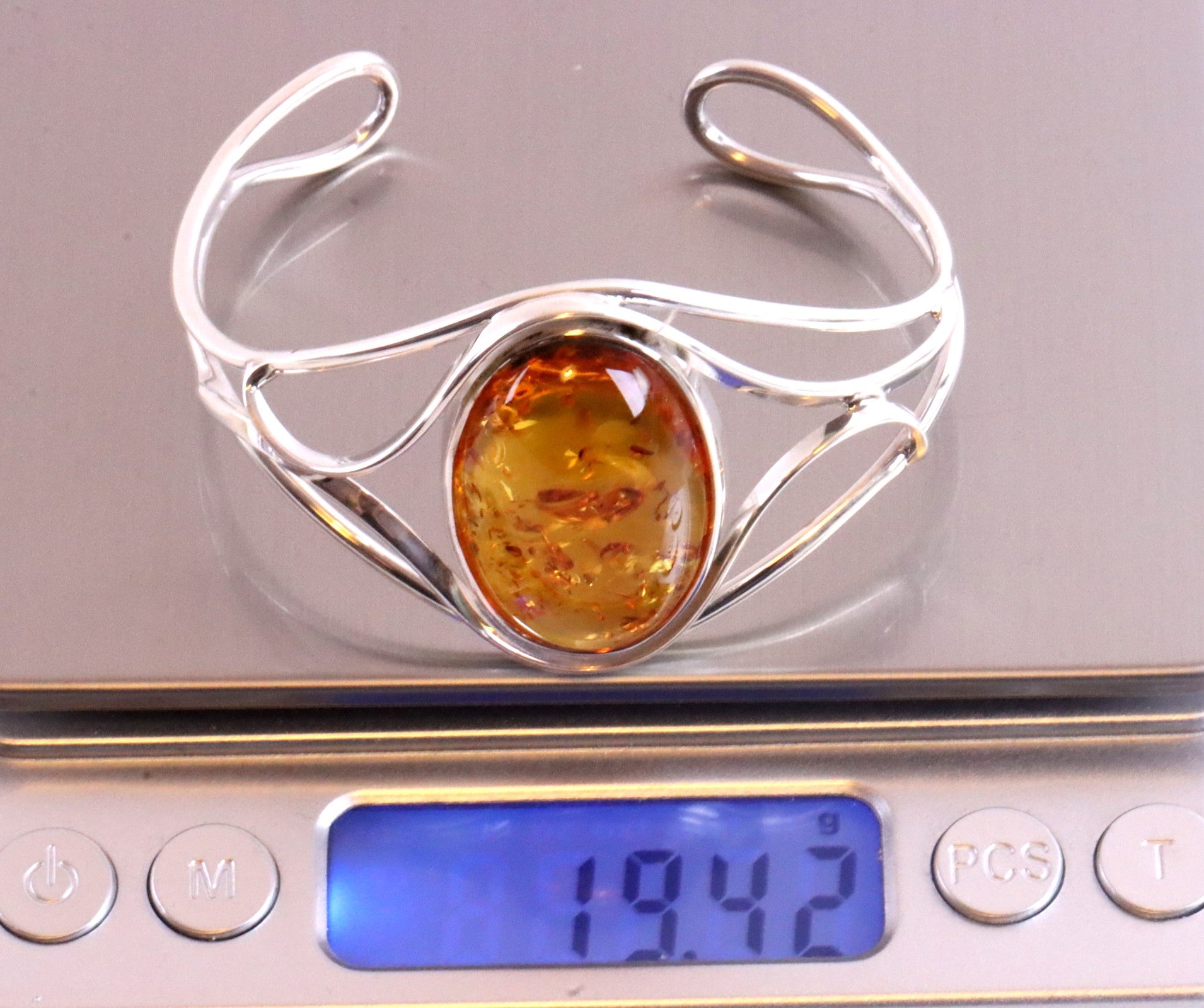 Silver Bangle Honey Amber Gemstone Adjustable Bangle with FREE Pendant