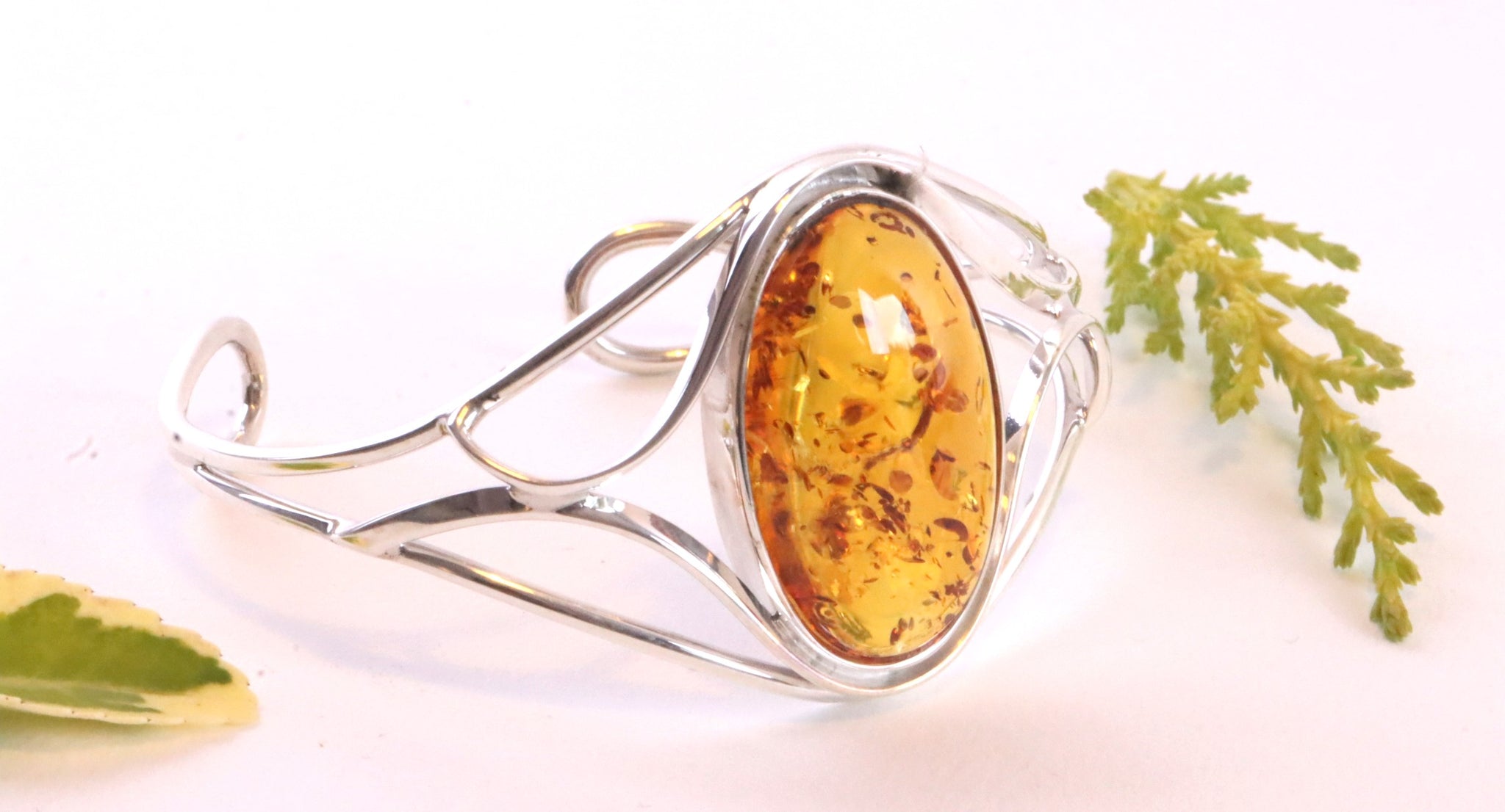 Silver Bangle Honey Amber Gemstone Adjustable Bangle with FREE Pendant