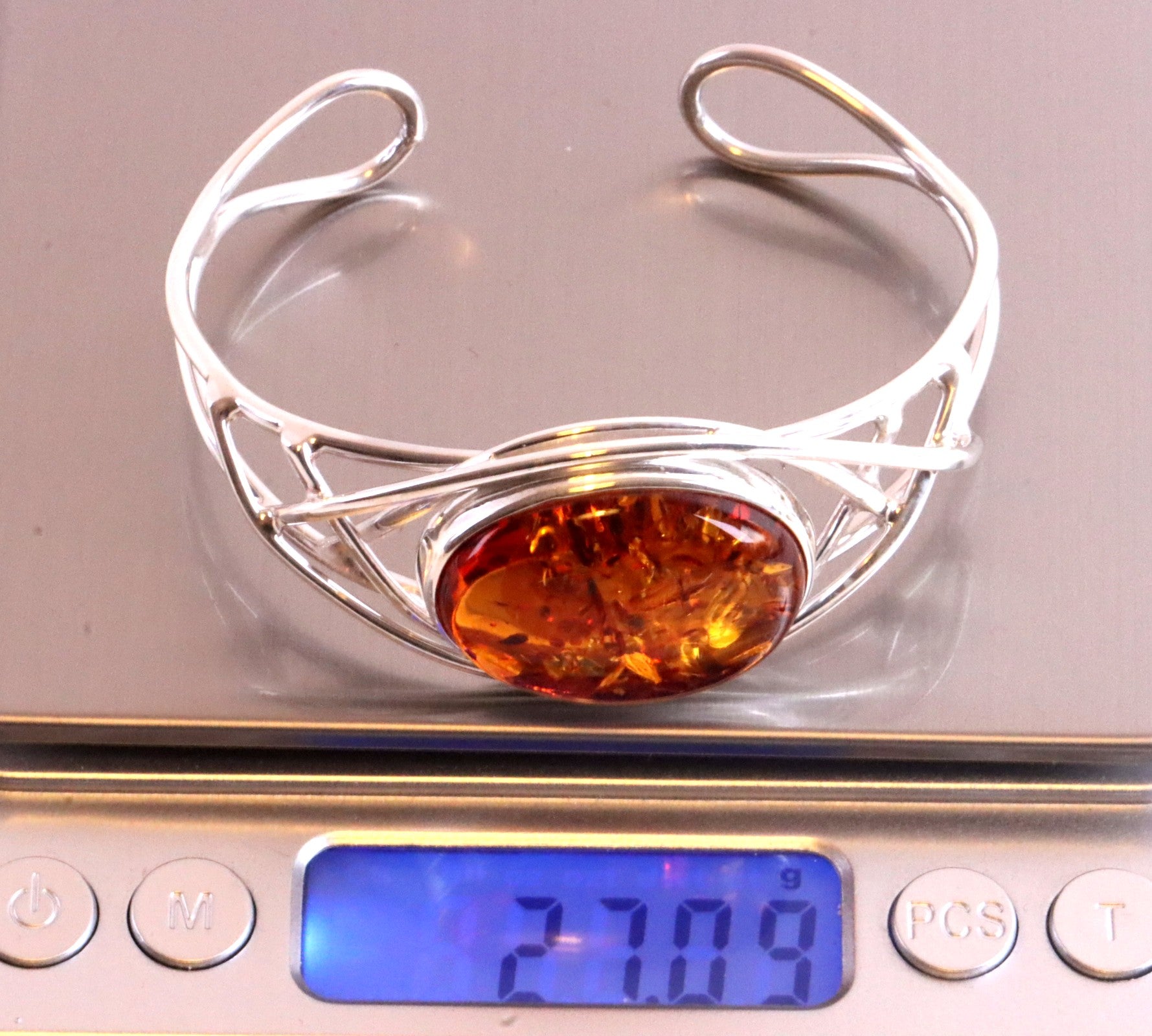 Silver Bangle Honey Amber Gemstone Adjustable Bangle on 925 Sterling Silver