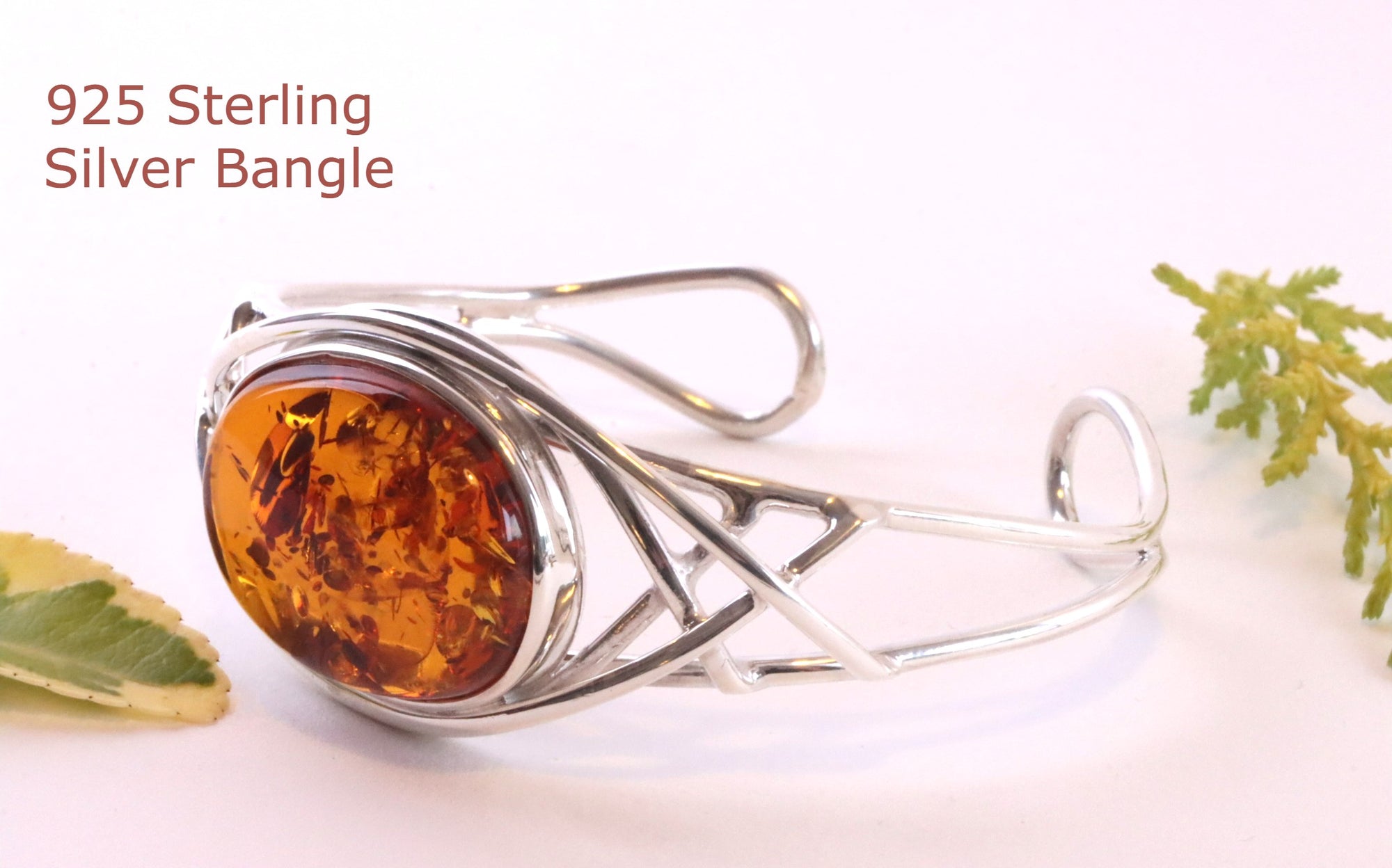 Silver Bangle Honey Amber Gemstone Adjustable Bangle on 925 Sterling Silver