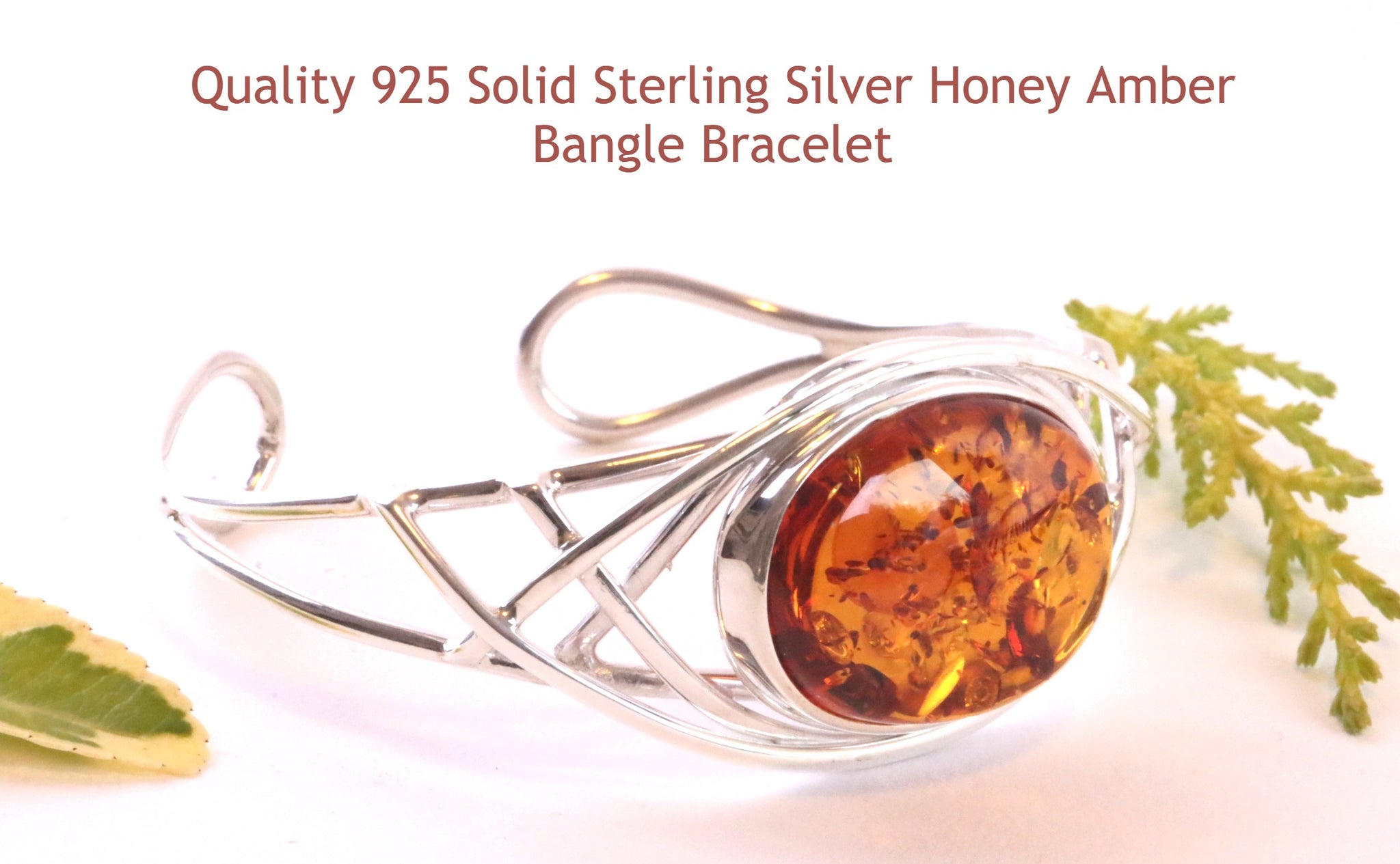 Silver Bangle Honey Amber Gemstone Adjustable Bangle on 925 Sterling Silver