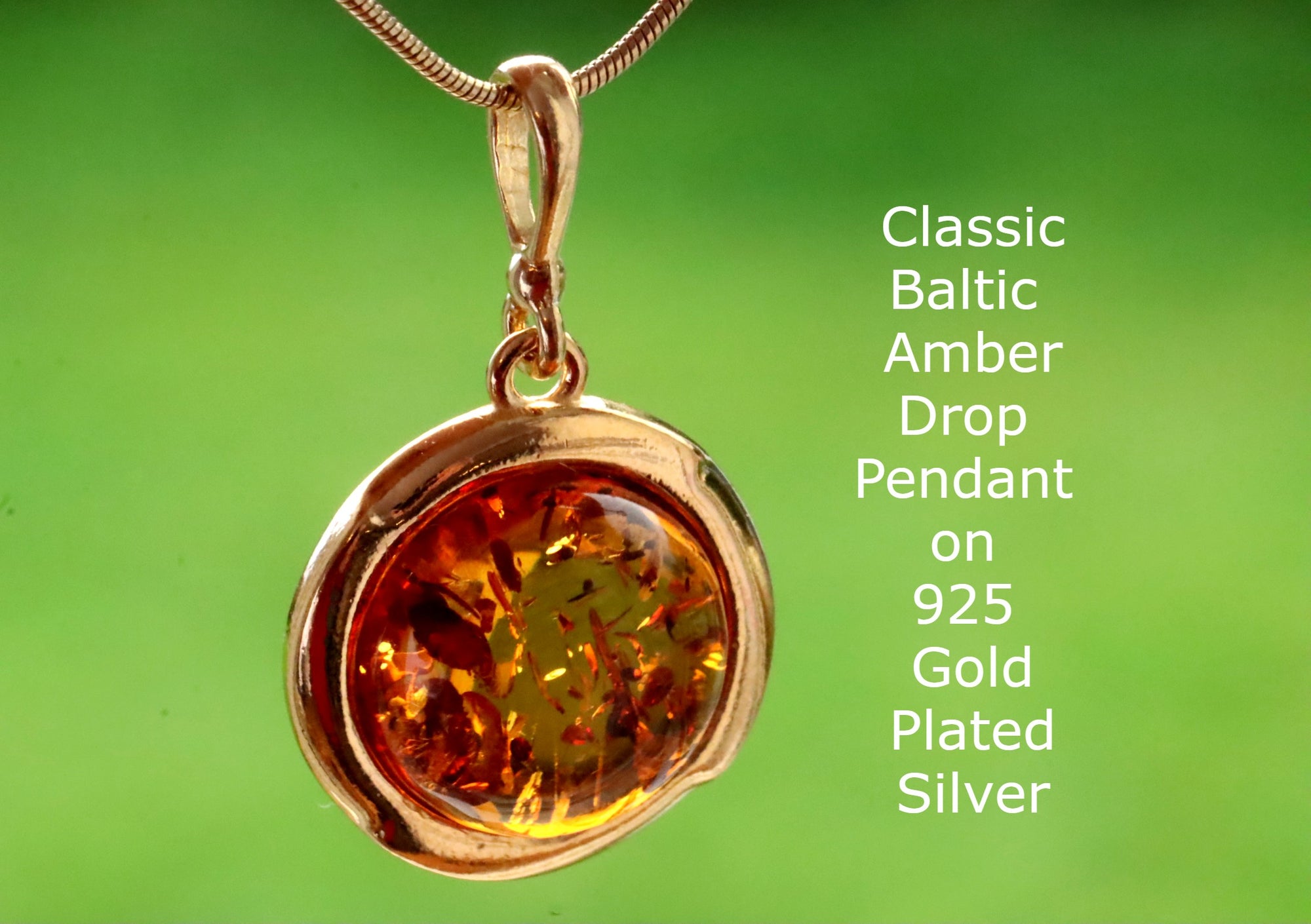 Dainty Classic Baltic Amber Drop Pendant on 925 Gold Plated Silver