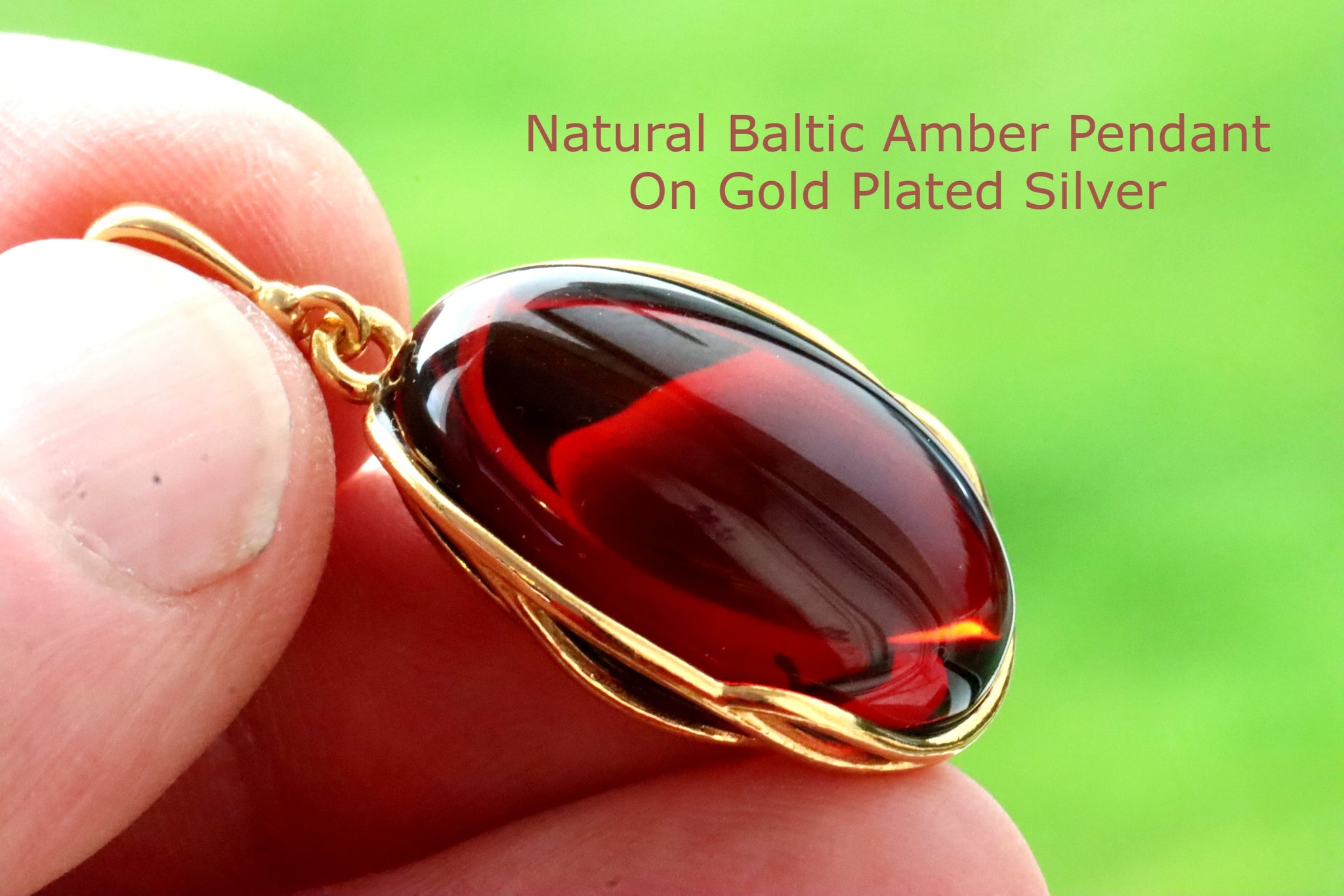 Exclusive Classic Red Baltic Amber Drop Pendant on 925 Gold Plated Silver