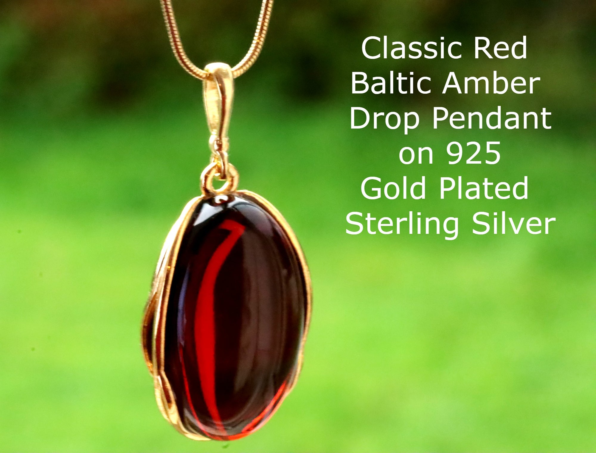 Exclusive Classic Red Baltic Amber Drop Pendant on 925 Gold Plated Silver