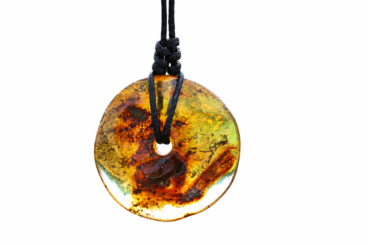 Large Natural Baltic Amber Donut Amulet Pendant with Tiny Insect Inclusion