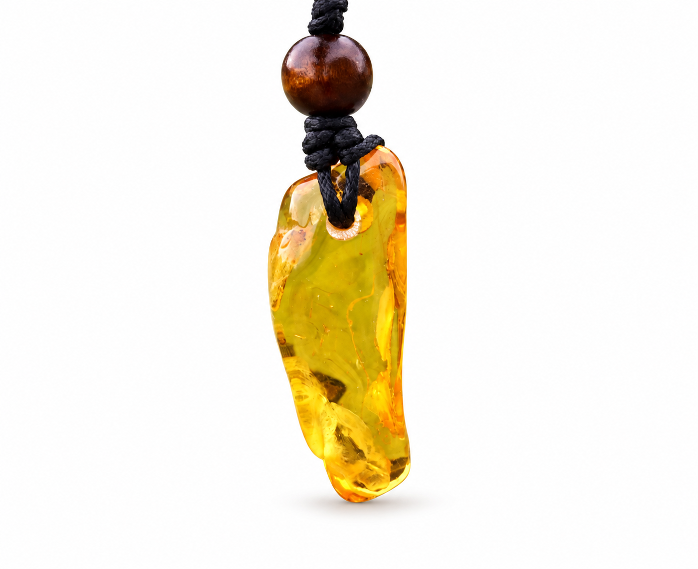 Baltic Amber Amulet with 3 Insect Inclusions & Wooden Bead –