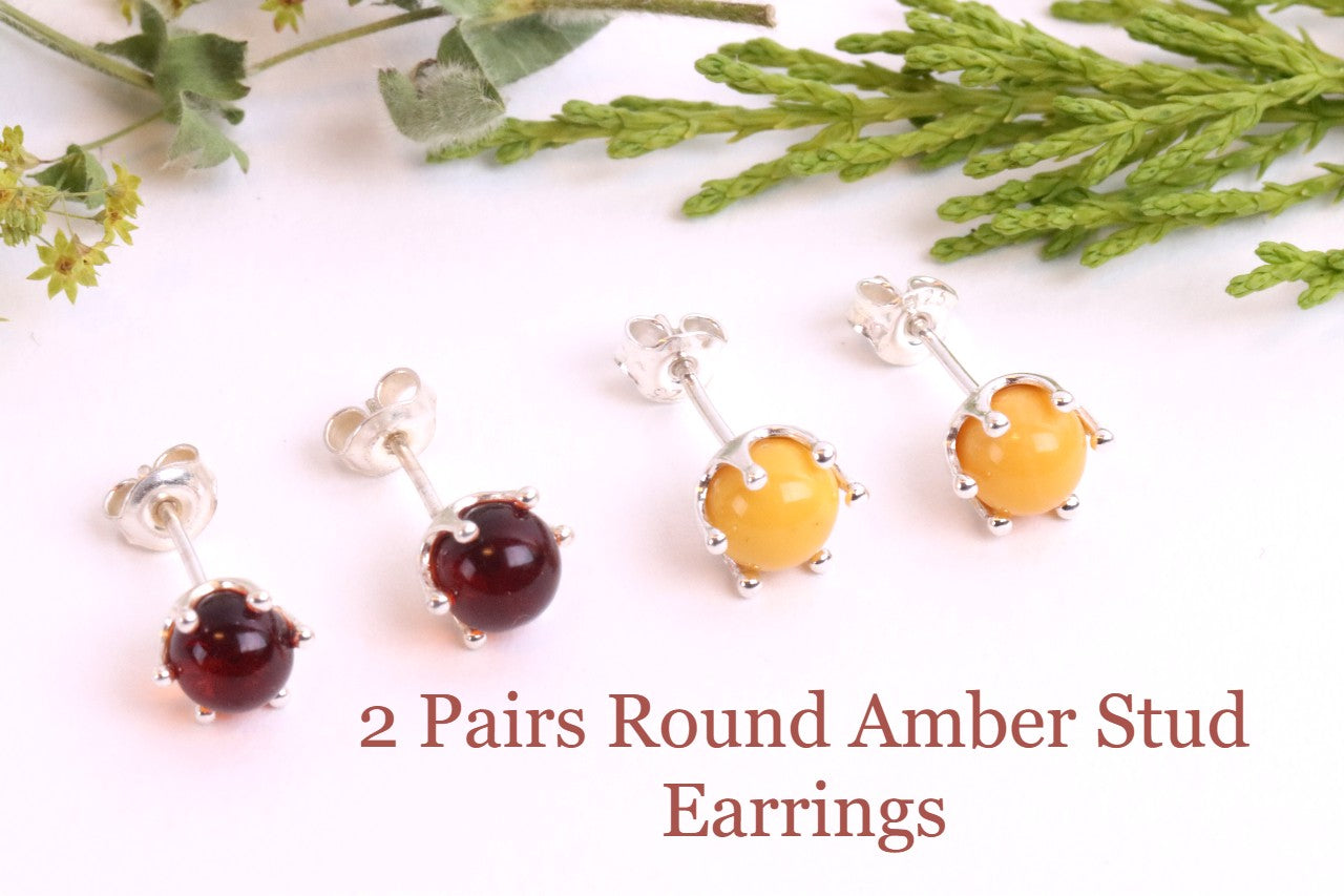 2 Pairs Round Amber Stud Earrings