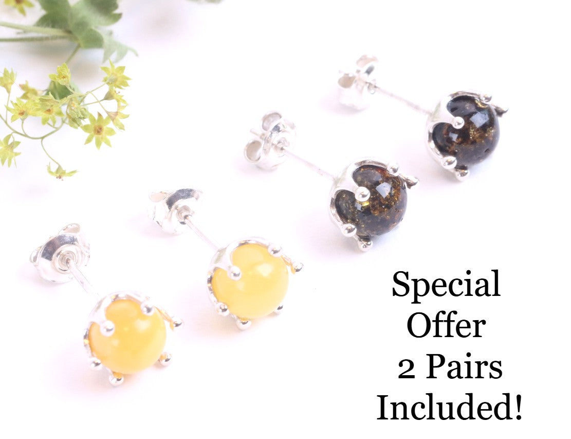 2 Pairs Round Amber Studs