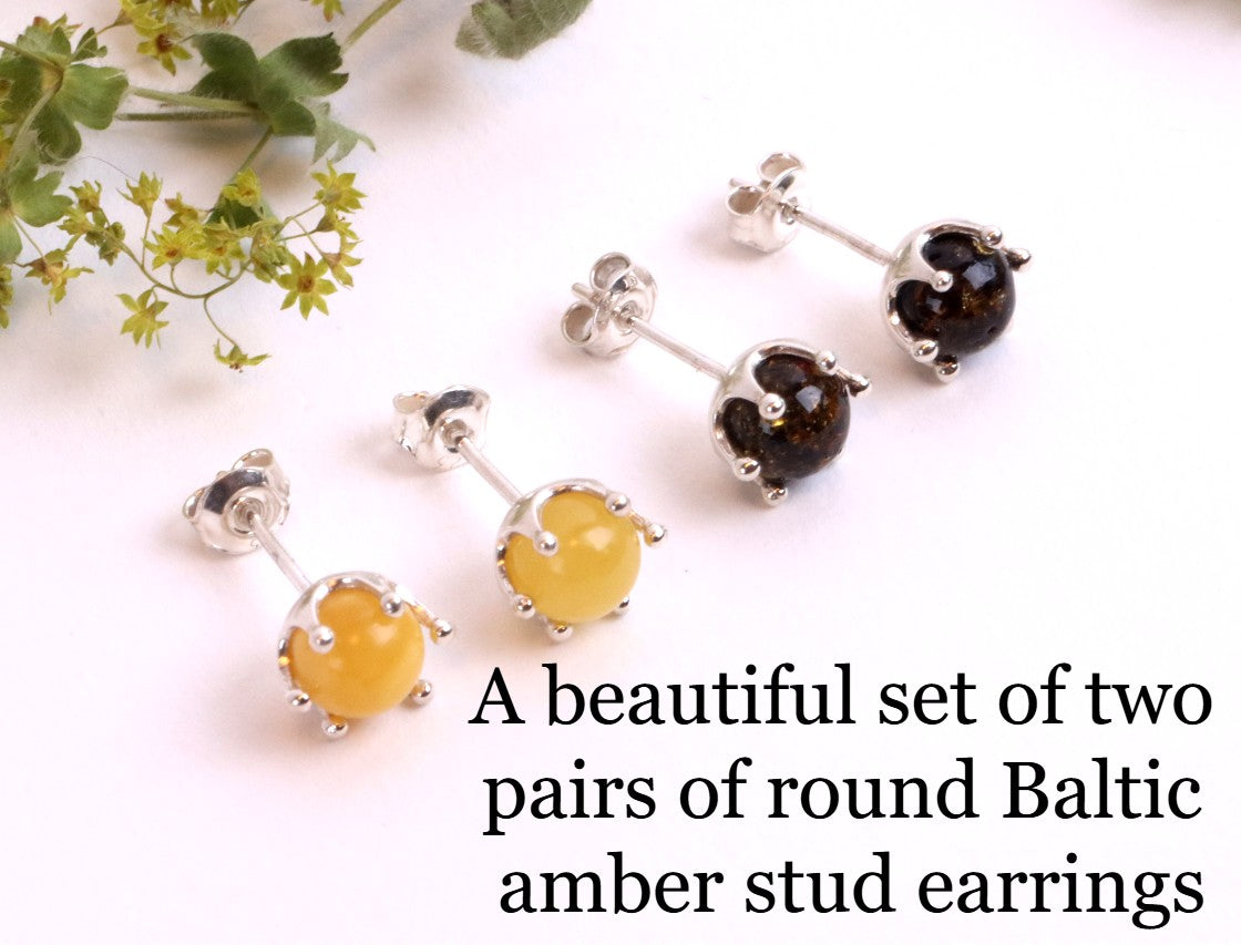 2 Pairs Round Amber Studs