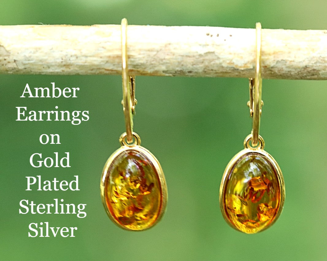 A pair of amber gemstone drop earrings on gold-plated sterling silver hooks, displayed against a natural outdoor background.