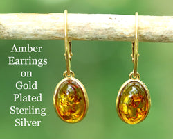 A pair of amber gemstone drop earrings on gold-plated sterling silver hooks, displayed against a natural outdoor background.
