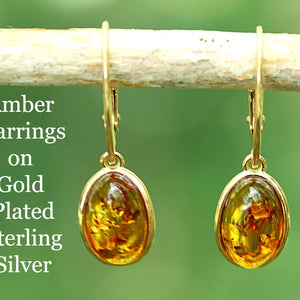 A pair of amber gemstone drop earrings on gold-plated sterling silver hooks, displayed against a natural outdoor background.
