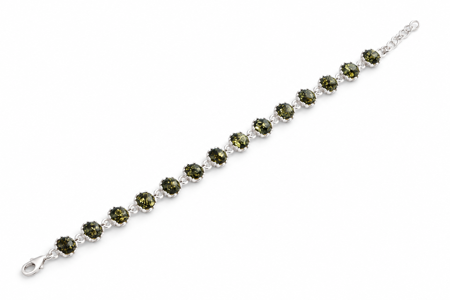 Sterling Silver Link Bracelet with Green Baltic Amber