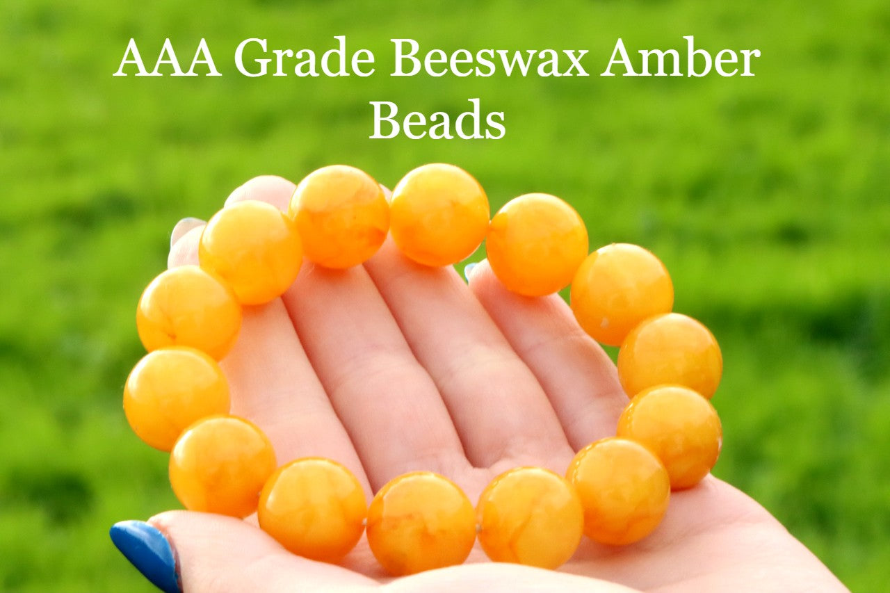AAA Grade Beeswax Amber Beads – 14pcs, 14.9mm Round