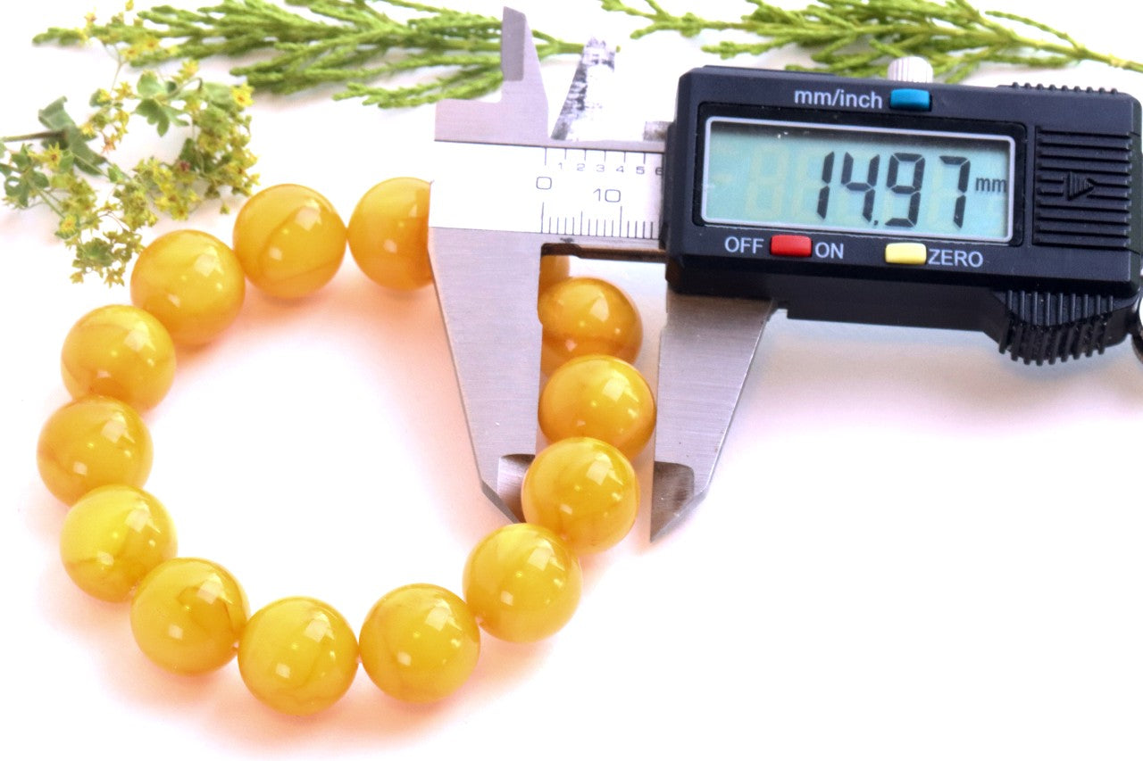 AAA Grade Beeswax Amber Beads – 14pcs, 14.9mm Round