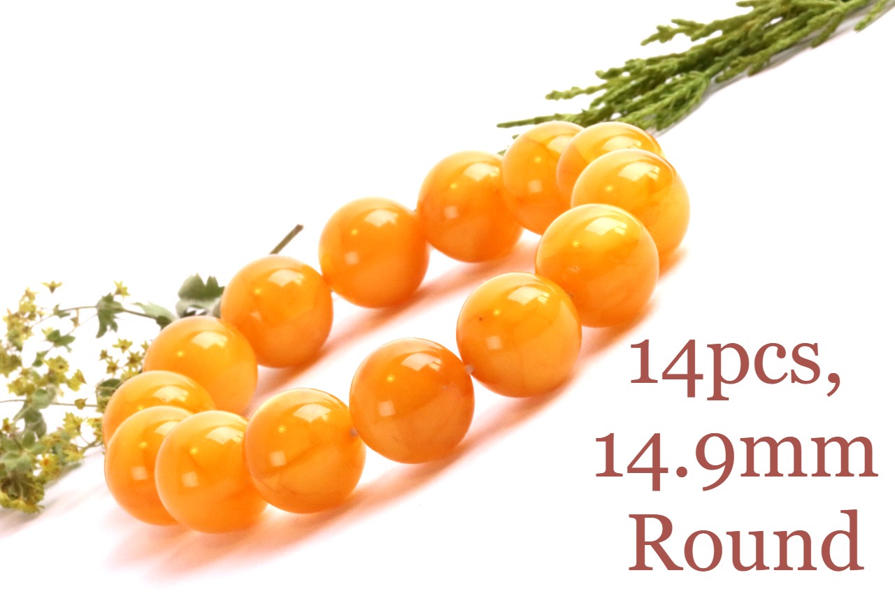 AAA Grade Beeswax Amber Beads – 14pcs, 14.9mm Round