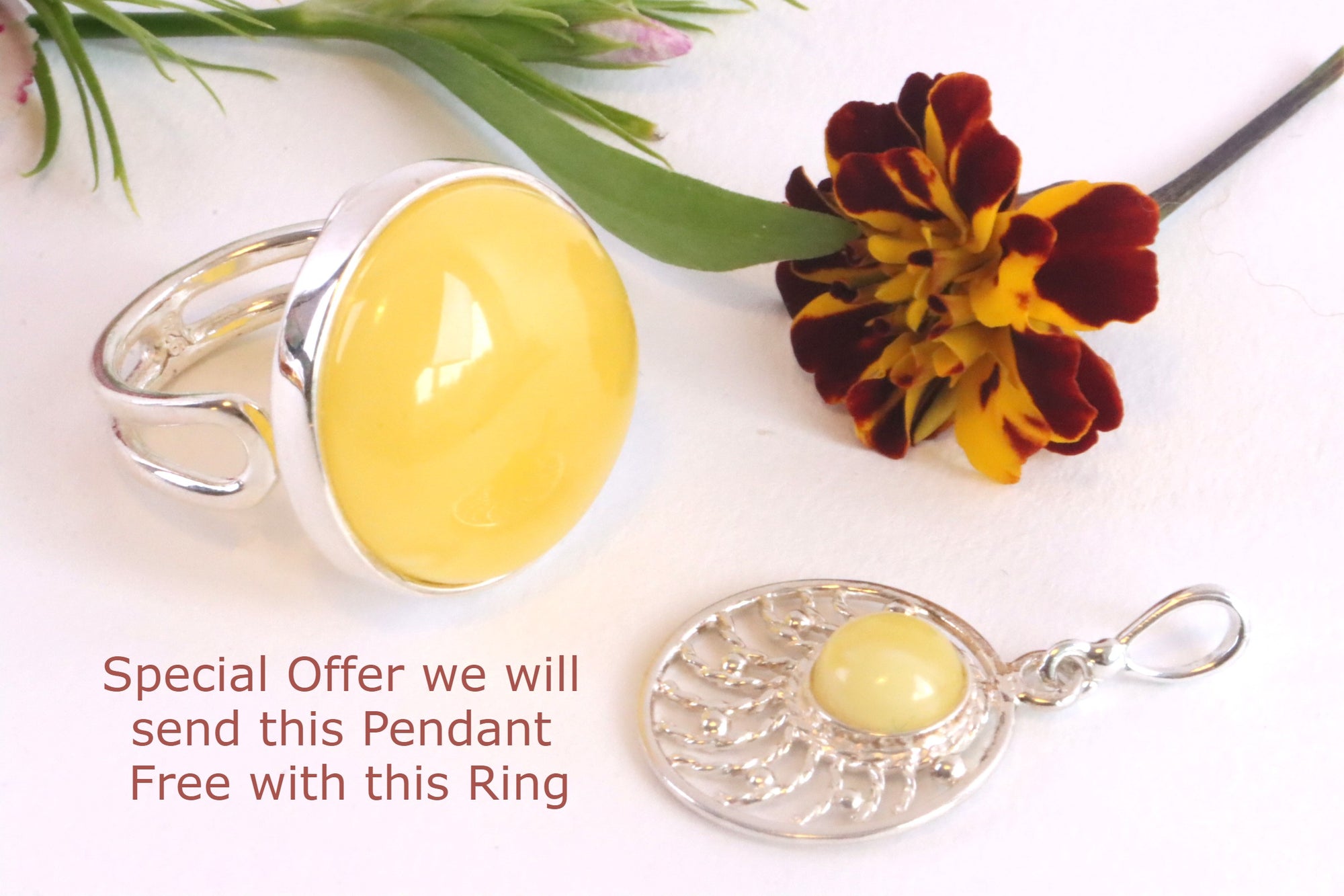 Sterling Silver White Baltic Amber Ring / Free Pendant Included