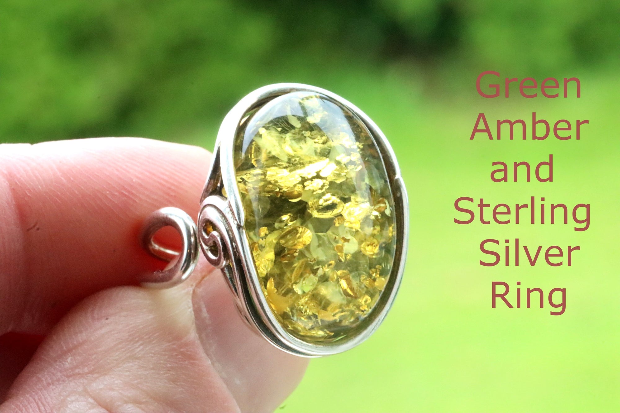 Green Amber and Sterling Silver Ring / Free Pendant Included